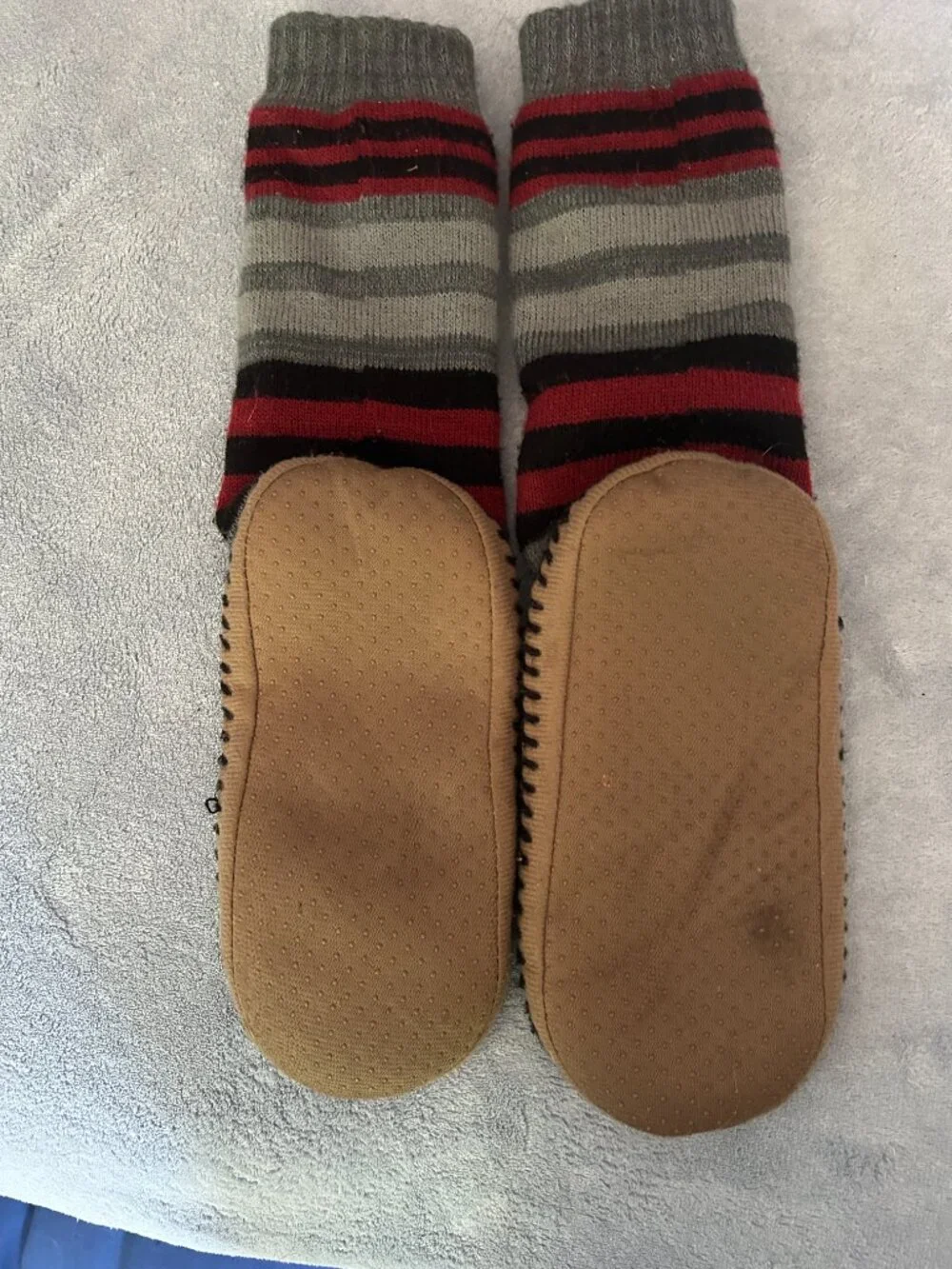 Men's Striped Gripper Slipper Socks - Gray, Black & Red